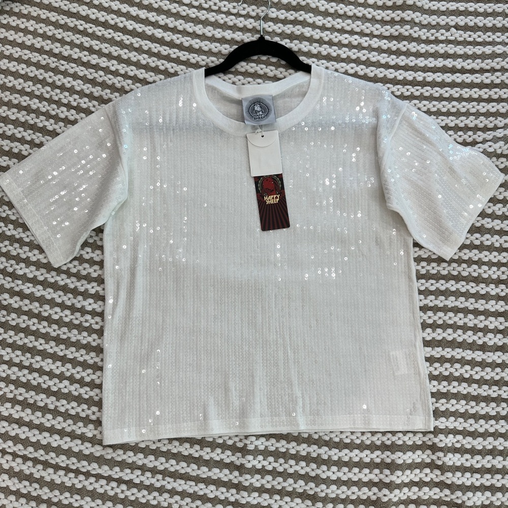 Happy sheep white sequin cotton sweater short sleeve t shirt top. Size small NWT